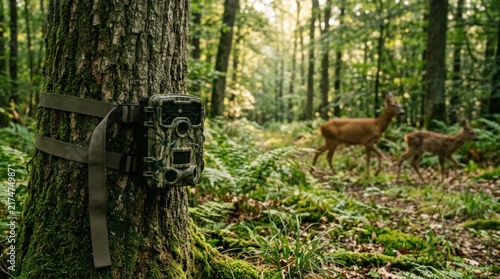 Trail Camera Captures Wildlife: A camouflaged trail camera attached to a tree in a sun-dappled forest captures two deer walking through the undergrowth, showcasing the unseen world of nature.