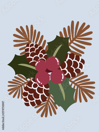 Flat Minimal Christmas Botanical Cluster, Hand Drawn Pinecone Holly Cinnamon Orange Illustration, Holiday Clipart