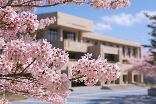 Plakat 春の陽光浴びて咲き誇る満開の桜と校舎青空広がる入学式卒業式