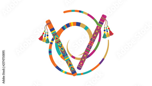 Vibrant Dandiya illustration with colorful decorated sticks and swirling ribbons, concept for traditional Indian Navratri festival, ideal for greeting cards and cultural event invitations