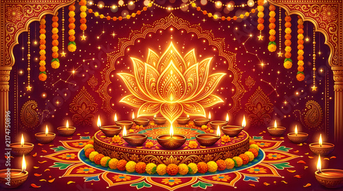Happy diwali festival lights lotus flower ornate celebration auspicious prosperity.