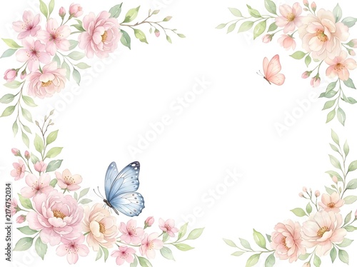 Beautiful pink flowers and butterfly floral frame border