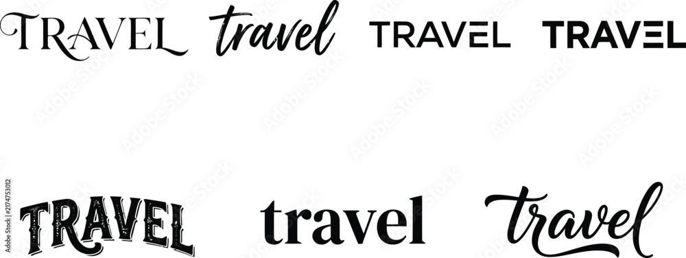Fototapeta premium Variety of hand lettered travel typography designs in black and white