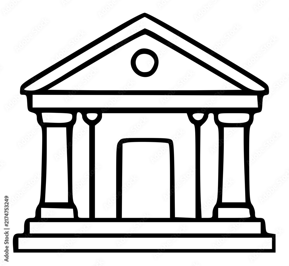 Obraz premium minimal architectural line art, courthouse icon, government building, classical columns, Greek architecture, black and white vector, clean outline, symmetrical building, flat 2D icon, commercial stock