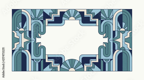 Elegant Art Deco inspired geometric pattern with sunburst motifs and stepped designs in shades of blue, forming a decorative frame on a light background, perfect for vintage-style projects.