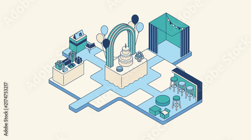 Isometric illustration depicting a vibrant party or celebration venue layout, featuring a tiered cake, bar, photo booth, DJ station, and guest seating areas, all set for a festive event.