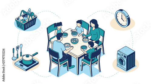 Isometric illustration depicting a family mealtime surrounded by various household activities such as grocery shopping, cooking, laundry, and managing daily schedules.
