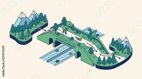 Isometric illustration depicting a green wildlife corridor or eco-bridge connecting two natural habitats over a busy highway, allowing animals to safely cross and promoting biodiversity conservation.
