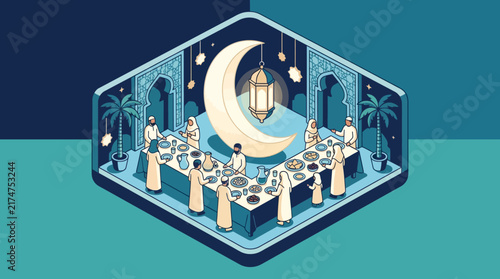 Isometric illustration of a Muslim community celebrating Iftar or Eid al-Fitr, gathering around a table for a traditional feast with a crescent moon and lantern.