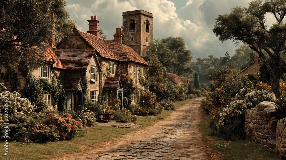Fototapeta premium Classic cinematic poster style of a traditional English village in early twentieth century England, day light scene with emotionally complex mood, closeup detail and timeless elegant composition