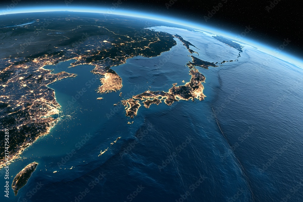 Fototapeta premium 宇宙から見た夜の日本列島と世界を繋ぐ都市の光輝く地球