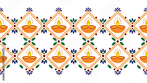 Traditional Diya border pattern with glowing oil lamps set in geometric diamond motifs, ideal concept for festive Diwali greetings, social media headers, and cultural event invitation decor
