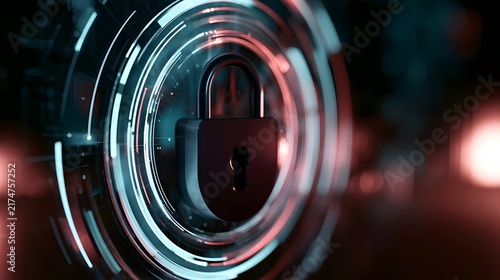 A digital padlock icon surrounded by glowing concentric rings  symbolizing cybersecurity and data protection in a futuristic interface