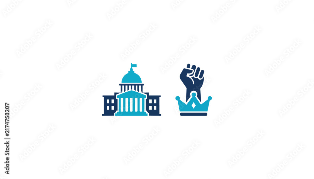 Obraz premium Government Building and Raised Fist Crown Icon, Democracy Politics Revolution and Freedom Power Vector Illustration