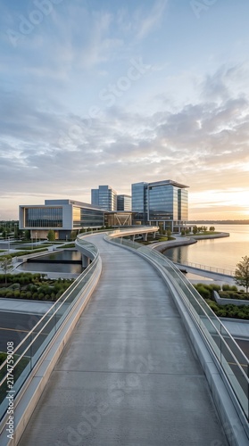 Modern glass office buildings by a waterfront with a curved pedestrian bridge