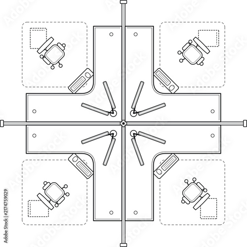 Office Workstation Technical Floor Plan with Desks Chairs and Central Collaborative Layout