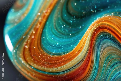Shiny liquid energy swirl turquoise orange glitter paint abstract