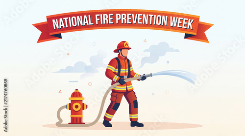 National Fire Prevention Week banner with a firefighter in gear holding a hose connected to a fire hydrant