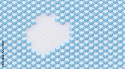 Isometric cubes geometric with light blue blocks arranged in circular formation on grid background