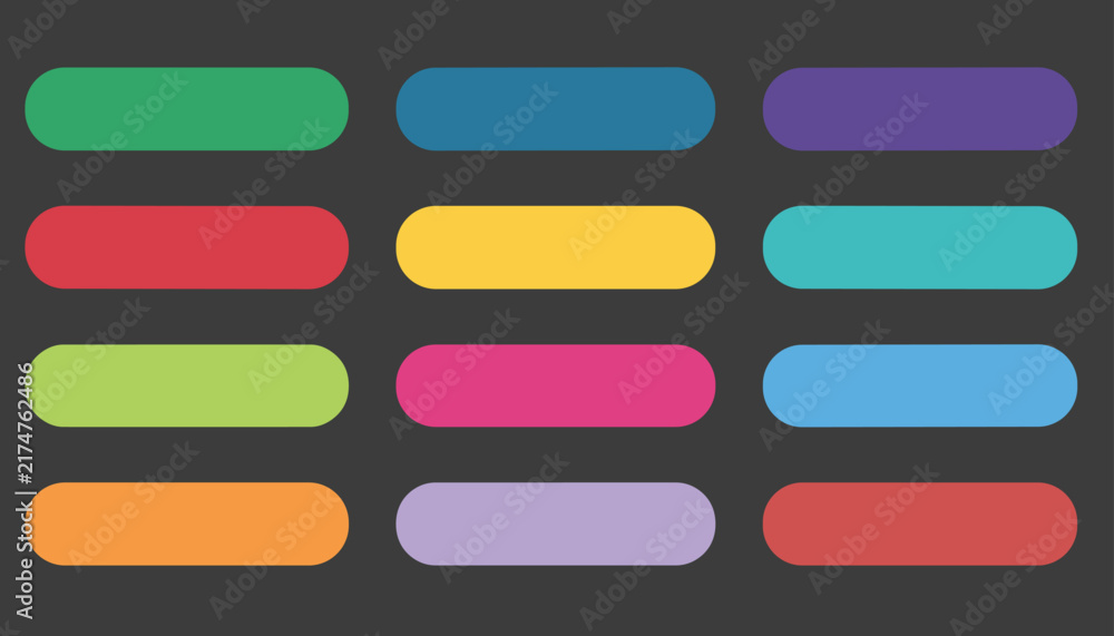 Fototapeta premium Colorful horizontal rounded rectangle buttons displayed in a grid on a dark gray background for website interface design.