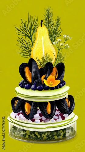 Colorful layered cake illustration featuring yellow pear, black mussels, and edible flowers on a vibrant green background