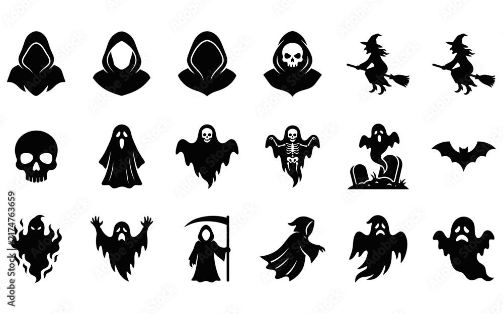 Fototapeta premium Set of black silhouette icons featuring various spooky halloween characters like ghosts witches skulls and grim reaper
