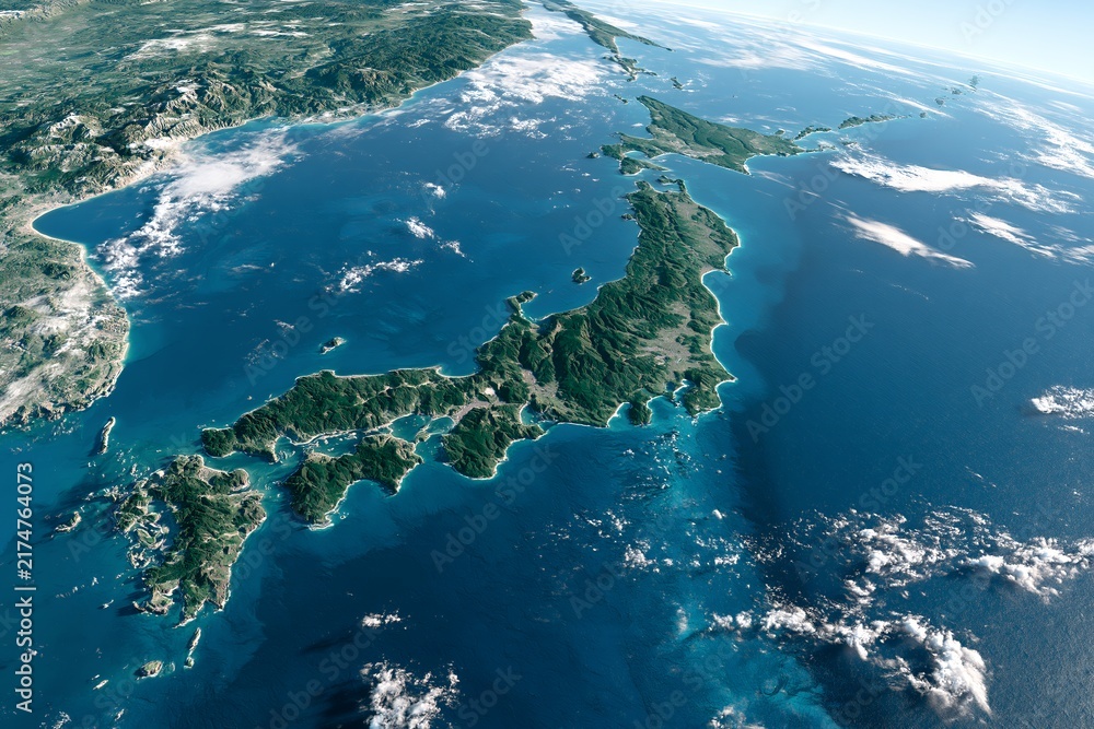 Fototapeta premium 宇宙から見た美しい日本列島と青い地球の風景