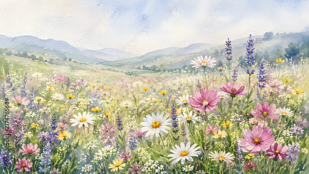 Fototapeta premium Watercolor wildflower meadow landscape with blooming flowers, soft mountains, and dreamy countryside scenery