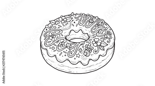 Photography Intricate donut coloring page vector, floral glazed doughnut line art, sweet pas