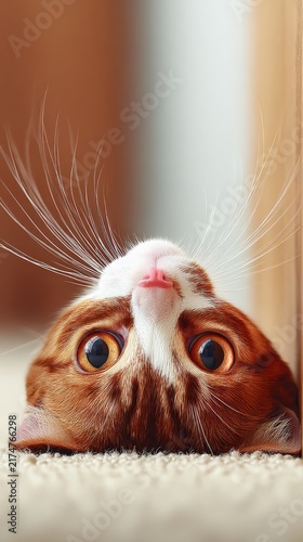 Ginger cat with large eyes and prominent whiskers lying on its back on a soft carpet, with a blurred wooden background creating a cozy indoor atmosphere