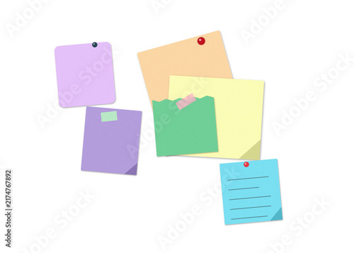 Flat filled sticky notes collection with pushpins for office planning and brainstorming