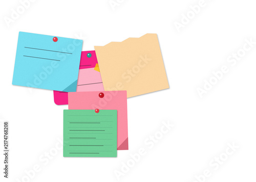 Flat filled sticky notes collection with pushpins for planning and organization
