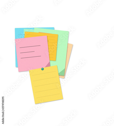 Flat filled sticky notes collection with thumbtack for office organization design