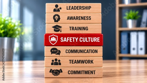 Stacked wooden blocks displaying safety culture core values including leadership training and teamwork for occupational health and workplace compliance.