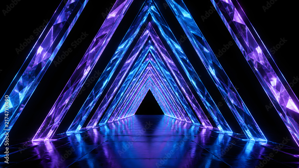 Fototapeta premium A shimmering triangular tunnel glows with vibrant blue and purple neon lights in a futuristic 3d style.