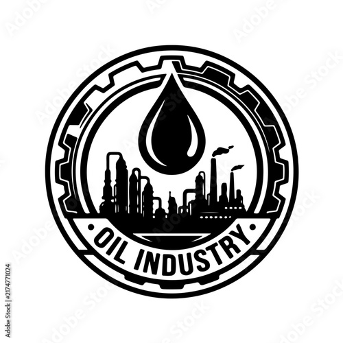industrial badge emblem featuring a central oil drop and refinery silhouette framed by a mechanical gear border. Ideal for heavy industry logos, manufacturing branding, and engineering symbols.
​