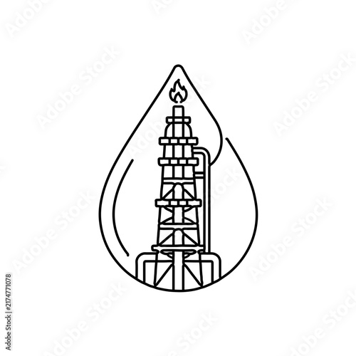  art combining a flowing oil drop contour wrapping around a detailed distillation refinery tower in the center. Ideal for tech infographics, engineering manuals, and contemporary energy branding.
​