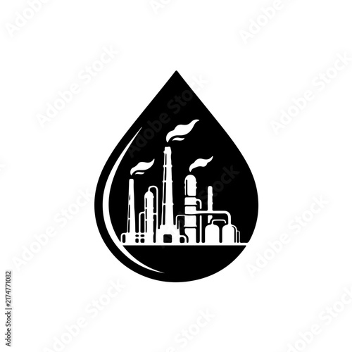 negative space vector featuring a solid oil drop silhouette with a cut-out refinery tower and smokestack design. Perfect for premium corporate branding, modern energy reports, and petroleum industry 