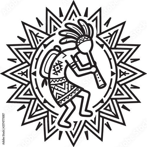 Native American Kokopelli flute player with a decorative sunburst pattern, black and white line art vector illustration, isolated on white background