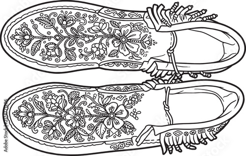 Native American traditional leather moccasins with floral embroidery and fringe, black and white line art vector illustration, isolated on white background