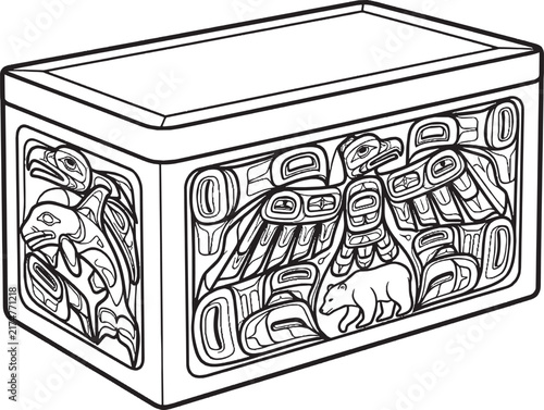Native American carved wooden box with traditional Northwest Coast art patterns, black and white line art vector illustration, isolated on white background