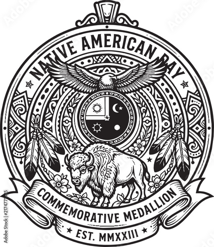 Native American Day commemorative medallion badge with eagle, buffalo, and traditional symbols, black and white line art vector illustration, isolated on white background