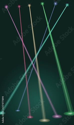 Abstract Colorful Laser Light Beams with Glowing Spotlights on Dark Background