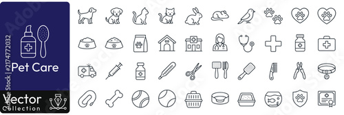 pet, care, veterinary, vet, healthcare. Outline icon collection. Linear animals symbols. Editable stroke. Vector illustration