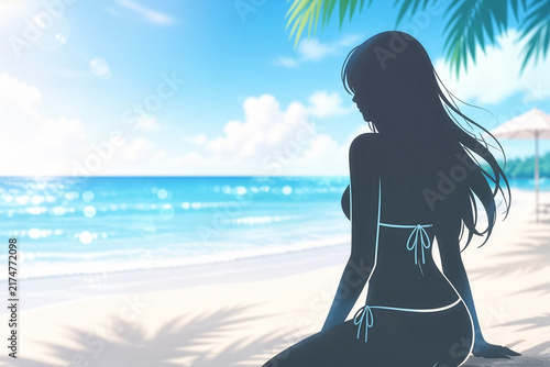 青い海を眺めるビキニの女性が浜辺に座る姿