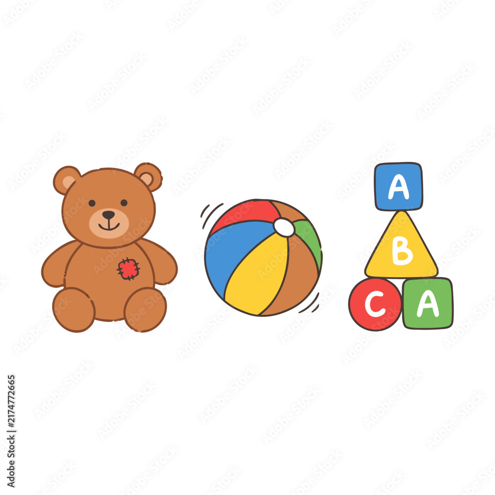 Fototapeta premium Set of cute children toys including a brown teddy bear, a colorful beach ball, and ABC alphabet blocks isolated on a white background. Hand drawn vector illustration.