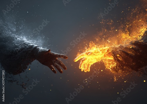 Two hands reaching towards each other, one composed of water and the other of fire, against a dark gradient background with sparks and glowing particles