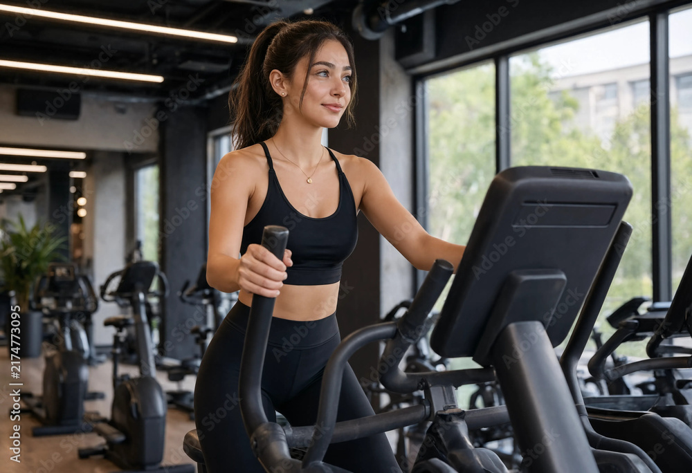Fototapeta premium Young woman exercises on a stationary bike in a bright gym