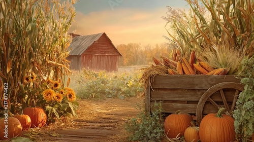 Rustic Autumn Farm Harvest with Pumpkins, Corn Cart and Red Barn