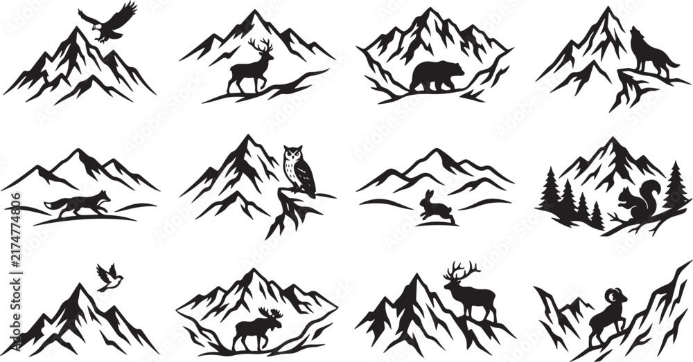 Fototapeta premium Collection of black silhouette mountain landscapes featuring wild animals like deer, bear, wolf, owl, fox, and eagle on white background